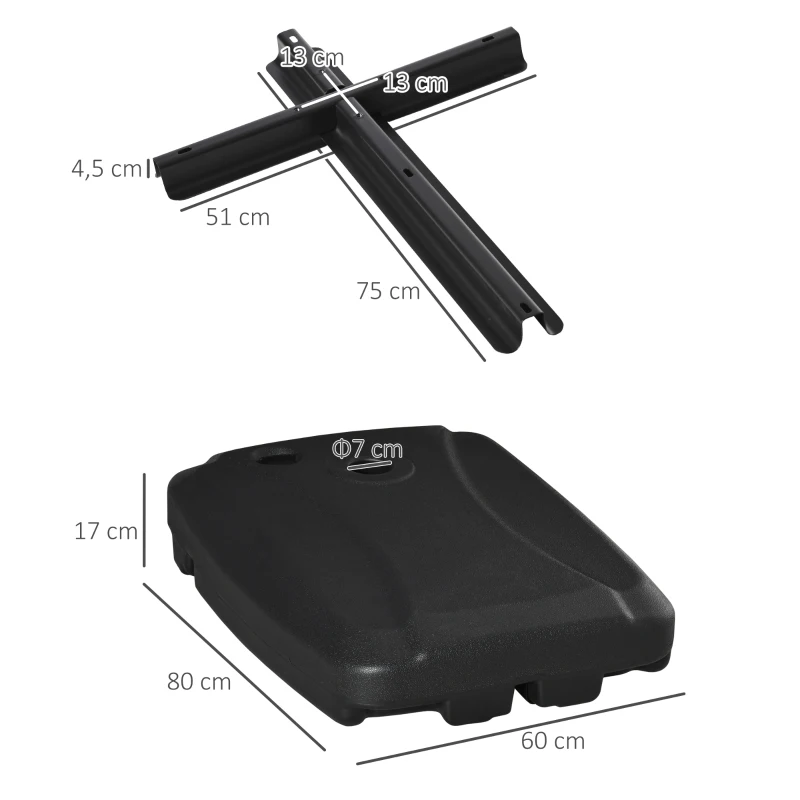 Outsunny Pied de parasol base de lestage avec roulettes en HDPE rempli d'eau ou de sable dim. 80L x 60l x 17H cm noir