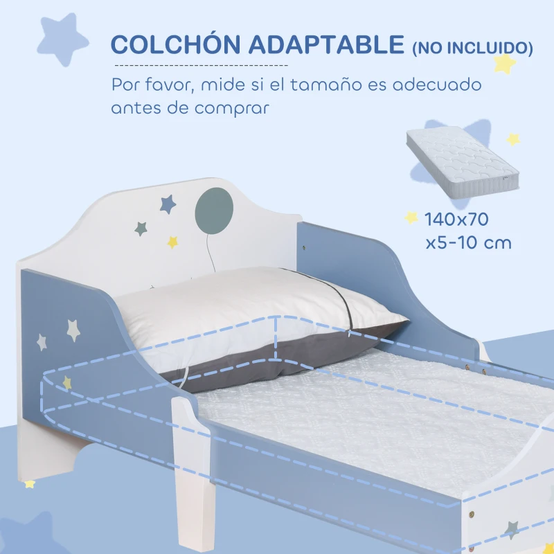 HOMCOM Cama para Niños de +3 Años 143x74x59 cm Cama Infantil de Madera con Estampado con Estrellas Carga 50 kg Azul y Blanco
