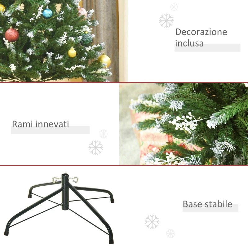 HOMCOM Albero di Natale Innevato 180cm con Bacche Decorative Bianche, Base Rimovibile Pieghevole, 603 Rami, Verde