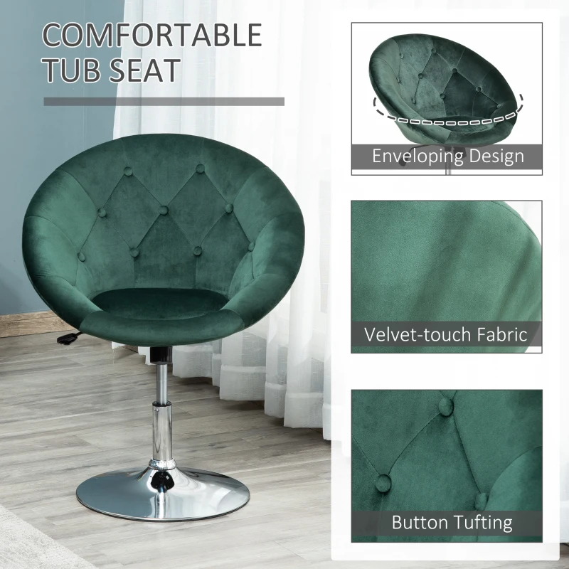 HOMCOM Swivel Dressing Stool, Velvet-feel Upholstered Vanity Chair, Adjustable Height Tub Makeup Chair with Button Tufting and Thick Padding for Bedroom, Green