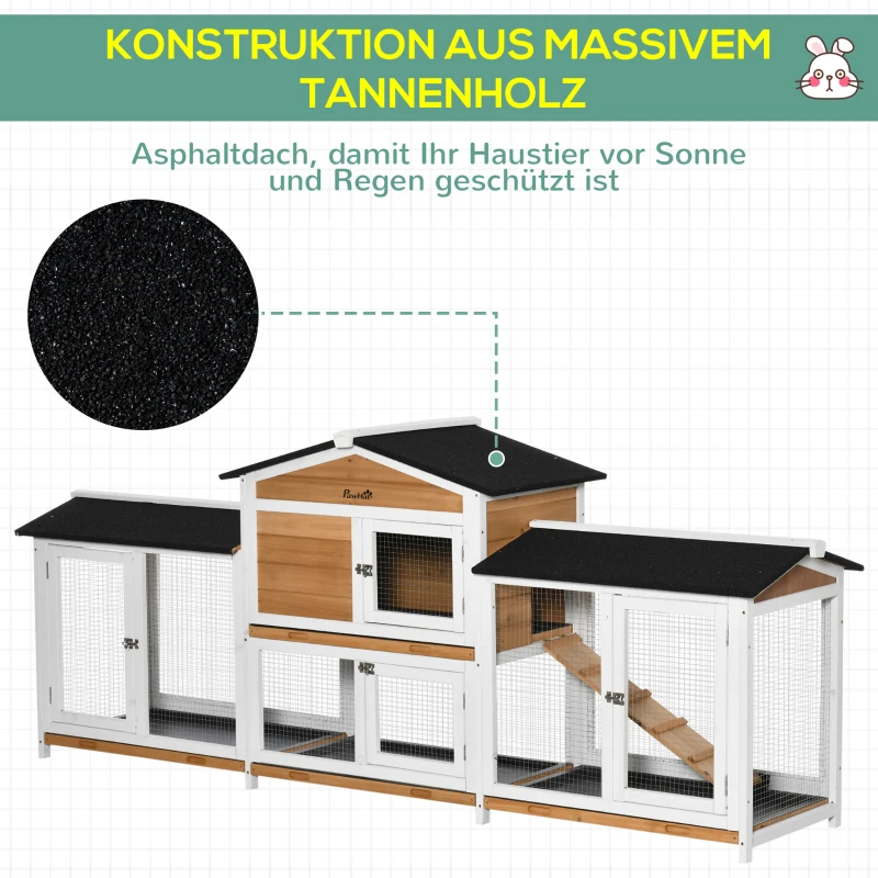 PawHut Kleintierstall mit Freigehege inkl. Rampe Asphaltdach Tannenholz Schwarz + Weiß + Natur