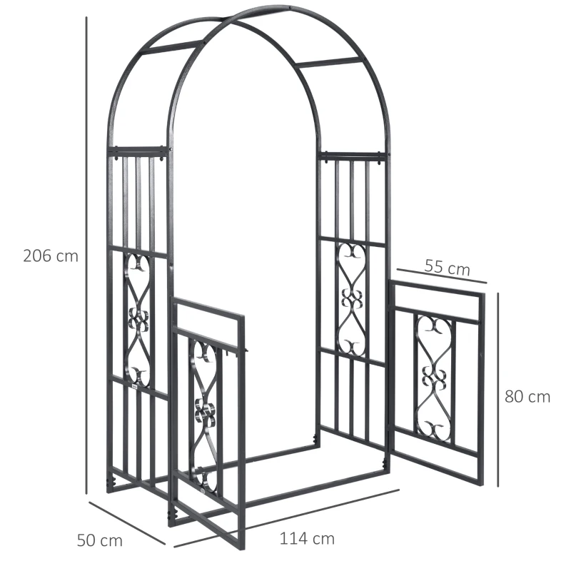 Outsunny Outdoor Garden Arch with Double Gates, Metal Garden Arbor for Climbing Plants, Roses, Vines, Wedding Arch for Outdoor, 114L x 50W x 206H cm, Dark Grey