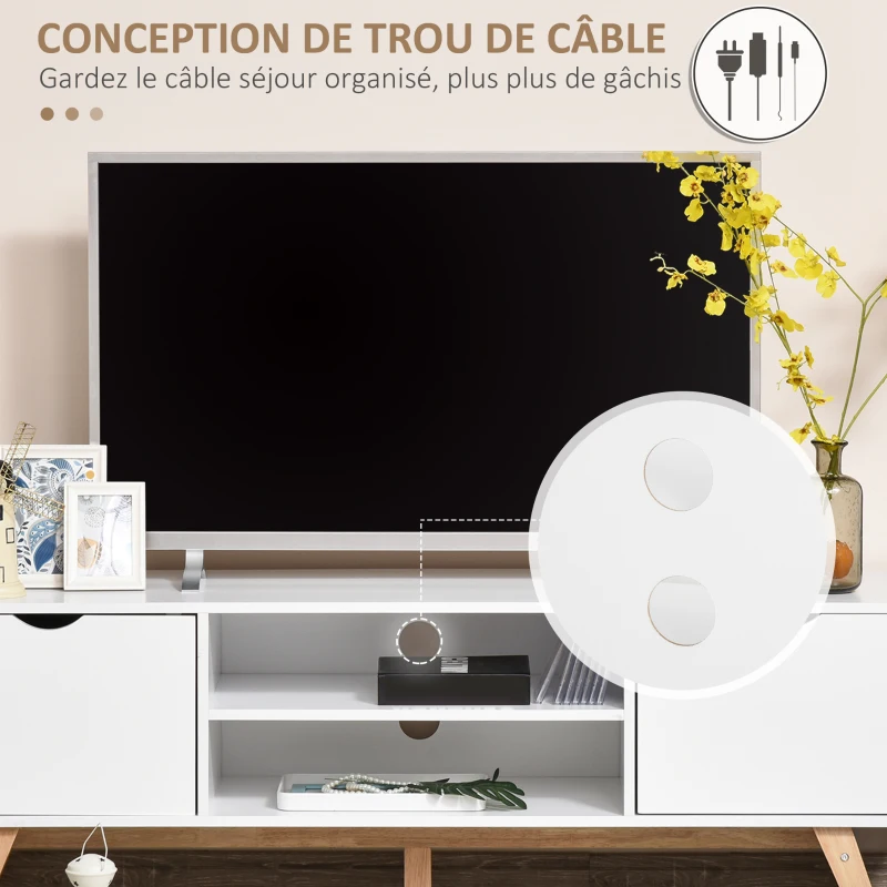 HOMCOM Meuble TV Banc TV sur Pied Moderne Scandinave 2 Portes 2 niches en Bois Blanc 150L x 39l x 50H cm