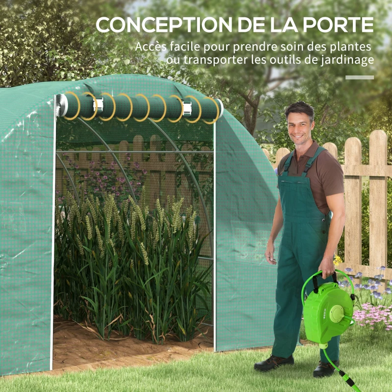 Outsunny Serre de jardin tunnel 24m² 8L x 3l x 2H m - 16 fenêtres, Porte zippée enroulable acier galvanisé, bâche PE, Vert