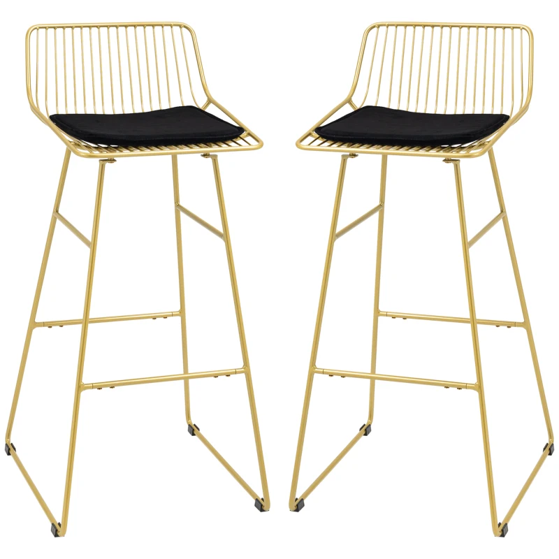HOMCOM Lot de 2 chaises de bar design acier filaire doré avec coussin noir repose-pieds convient pour tables de 104-109 cm