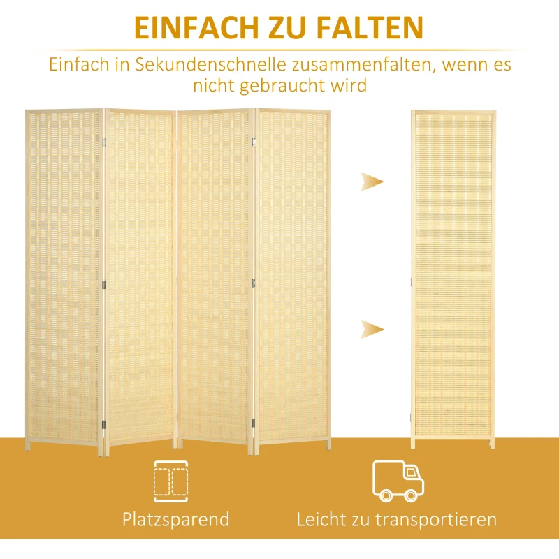 HOMCOM 4-teiliger Raumteiler, 180 x 180 cm, Faltbarer Sichtschutz aus Bambus und Baumwolle für Wohnzimmer, Schlafzimmer, Natur(m-6)