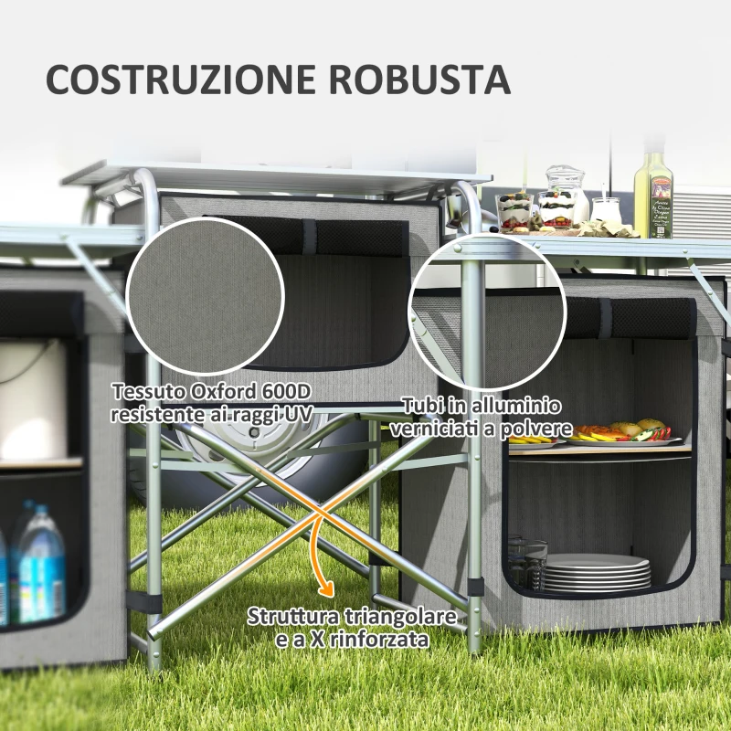 Outsunny Cucina da Campeggio Pieghevole a 3 Piani con 5 Ripiani Interni e 4 Ganci, 172x48x119 cm, Grigio e Argento
