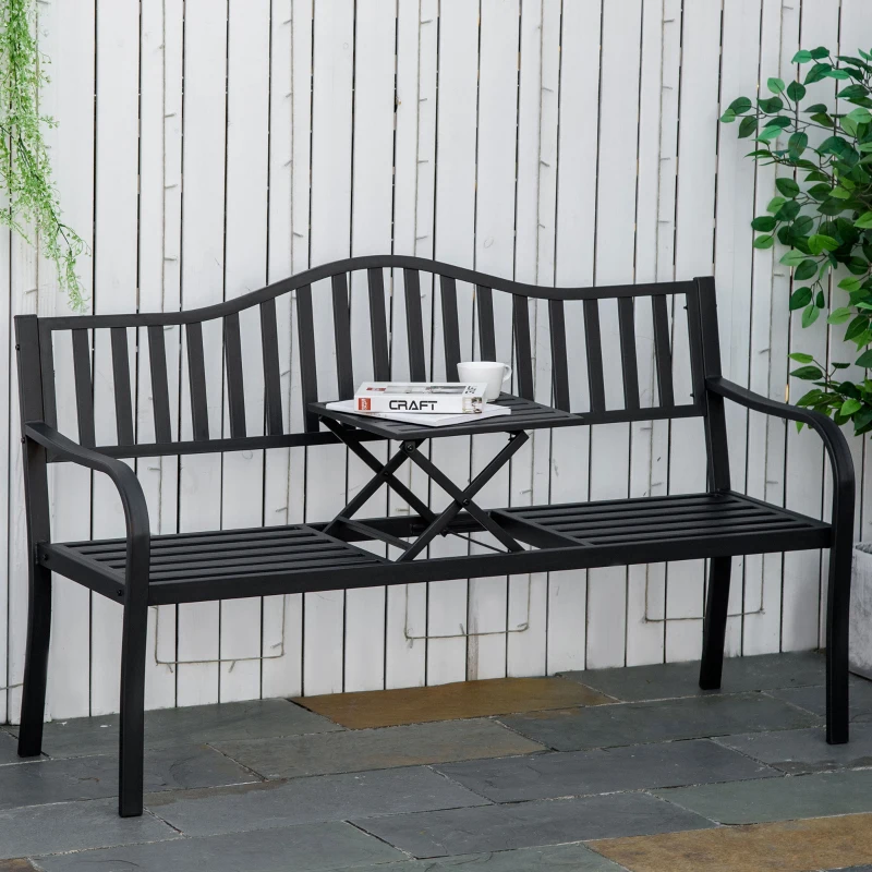 Outsunny 2-Sitzer Gartenbank robust Parkbank mit ausziehbarem Tisch Sitzbank Bank 240kg belastbar Terrassenbank mit Rücken- & Armlehnen Gartenmöbel für Terrasse, Garten 150 x 58,5 x 90 cm Schwarz