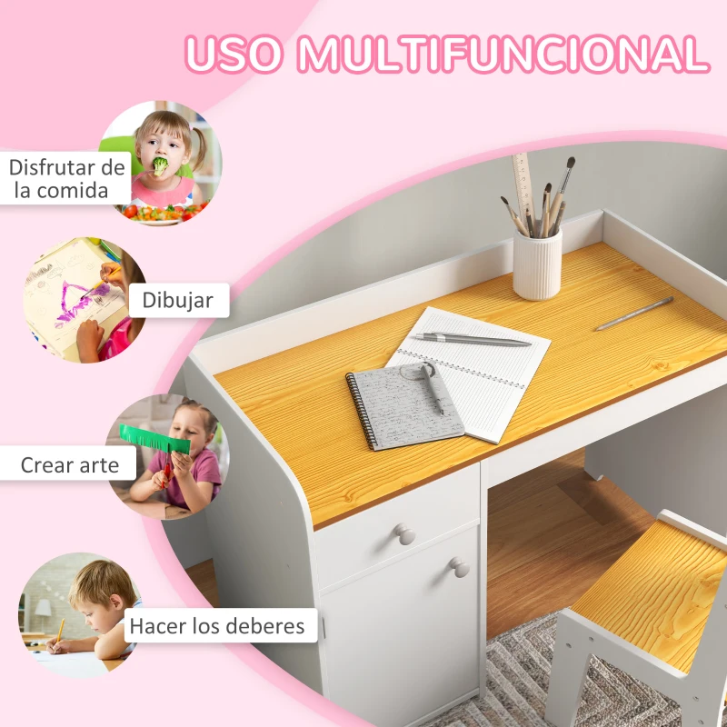 ZONEKIZ Escritorio para Niños con Silla Conjunto de Escritorio de 2 Piezas con Cajón y Armario Blanco y Natural