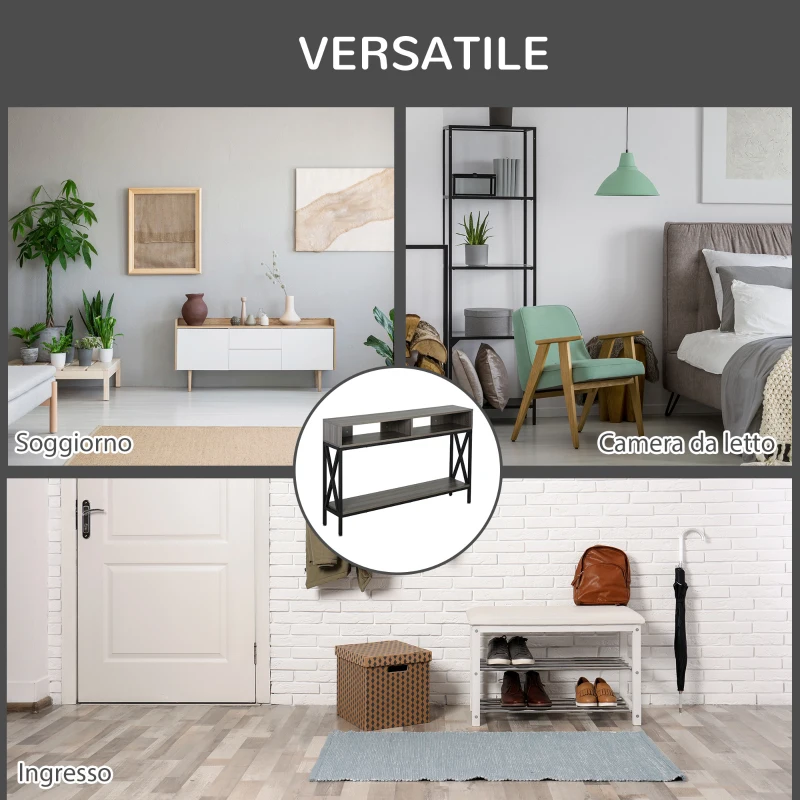 HOMCOM Tavolo Consolle Stile Vintage Industriale con 3 Ripiani e Telaio in Metallo, Grigio e Nero, 120x23.5x75cm
