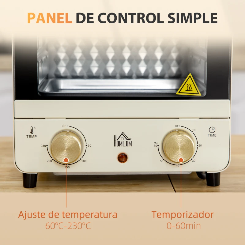 HOMCOM Horno Eléctrico de Sobremesa Horno Tostador de 15 Litros 1000W Potencia 25,5x27,5x32 cm Crema