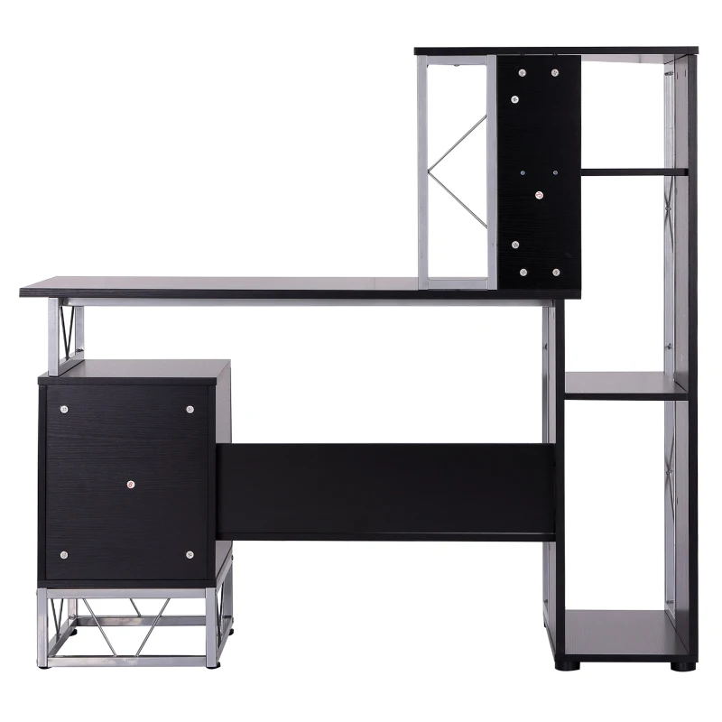HOMCOM Bureau informatique design industriel 133L x 155l x 123H cm multi-rangements bibliothèque 3 étagères + 2 tiroirs MDF métal MDF noir
