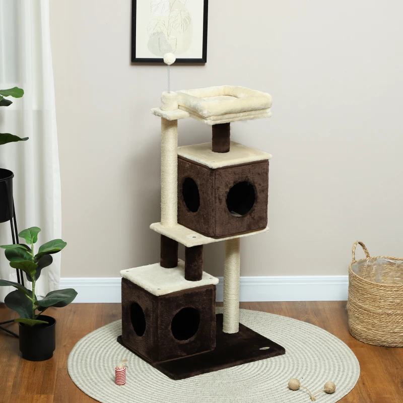PawHut Katzenbaum, teilbarer Katzenturm mit Kratzpfosten, Sprungplattformen, für den Indoor-Bereich, Dunkelbraun+Weiß