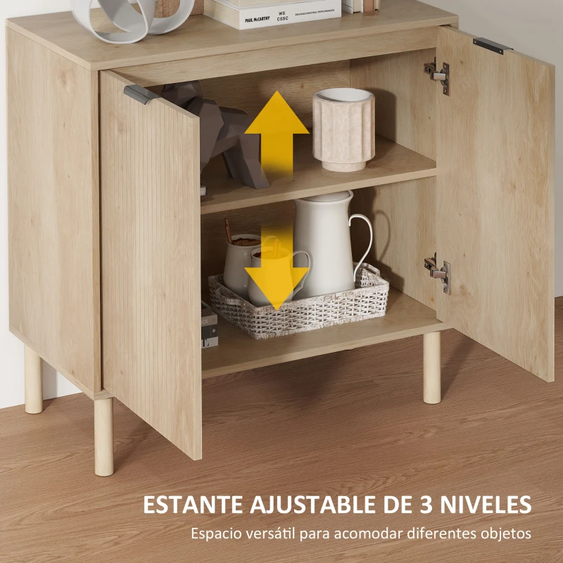 HOMCOM Aparador de Salón Aparador con Estante Ajustable 2 Puertas Sistema Anti-vuelco y Patas de Madera 78x40x77,5 cm Roble