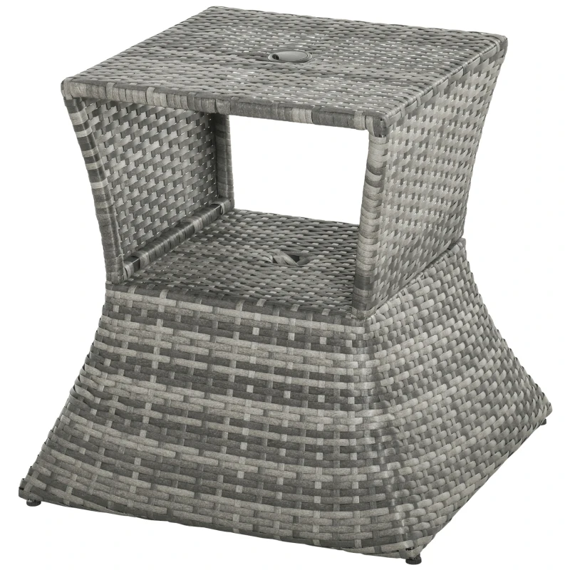 Outsunny Outdoor Patio Rattan Wicker Coffee Table Bistro Side Table w/ Umbrella Hole and Storage Space, Grey