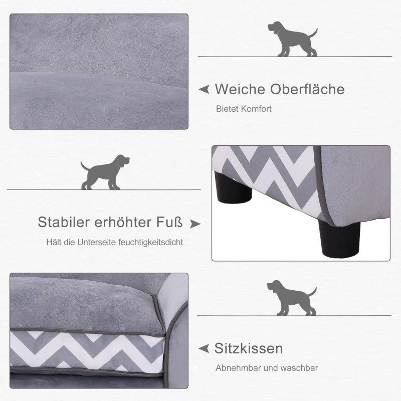 PawHut Hundesofa, Haustiersofa mit erhöhten Füßen, Hundecouch, Hundeliege mit Kissen, Hundebett, Katzensofa, Waschbar, Samt, Grau, 73,5 x 41 x 33 cm