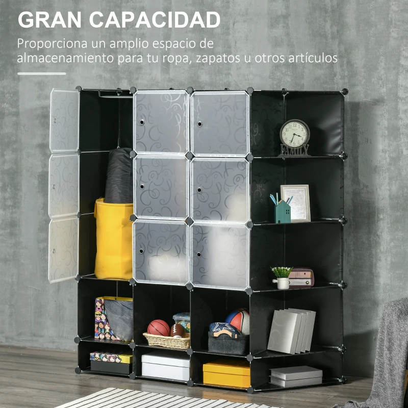 HOMCOM Armario Modular Organizador Portátil con 16 Compartimentos y 2 Barras de Colgar Ropa Negro y Blanco