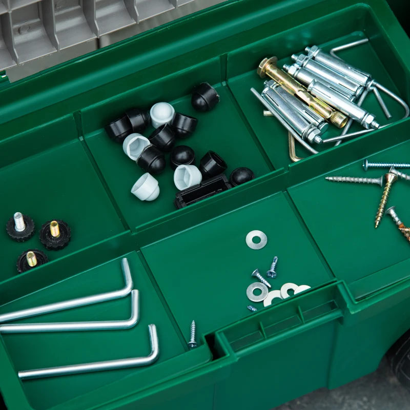 Outsunny Tabouret de Jardin Caisse à Outils 2 en 1 - Coffre et Plaque compartimentée de Rangement verrouillable - 4 roulettes, 2 poignées - PP Gris Jaune Vert