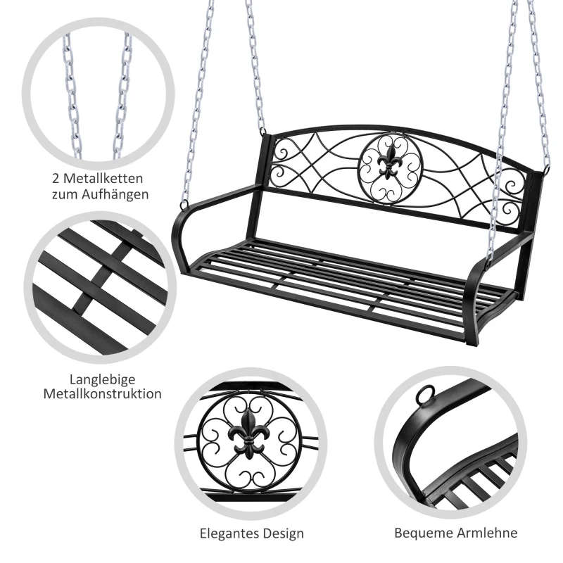 Outsunny Hängebank 2-Sitzer Gartenschaukel Schaukelbank Hollywoodschaukel Schwebebank mit Ketten Metall Schwarz 132 x 63 x 58 cm