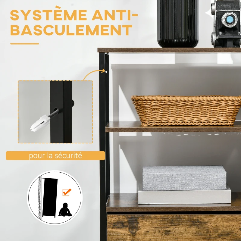 HOMCOM Meuble de rangement, commode, Buffet de rangement style industriel 4 tiroirs pliables 2 étagères acier et bois - 84 x 30 x 71,5 cm