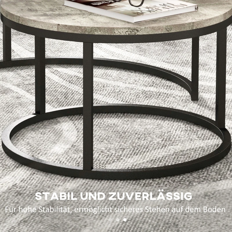 HOMCOM Couchtisch-Set, 2 runde Satztische, Industriedesign, Metallgestell, Marmoroptik/Grau(m-6)