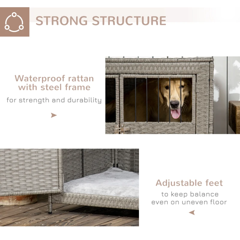 PawHut Wicker Dog Cage, Dog Crate with Lockable Door and Soft Washable Cushion for Medium to Large Sized Dogs, 85 x 61 x 70 cm, Grey