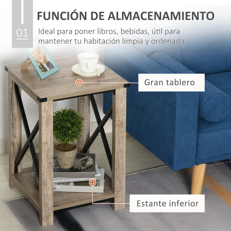 HOMCOM Mesa Auxiliar Mesa de Café Estilo Retro Industrial con Estante Inferior de Almacenaje Multifuncional Marco de Forma X 40,5x40,5x60 cm Roble