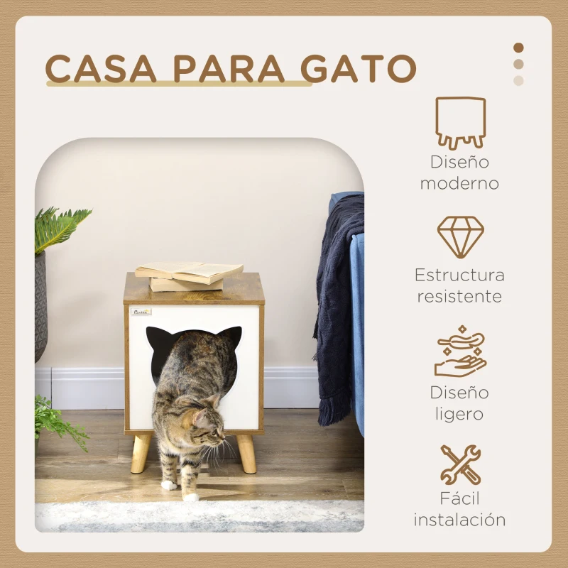 PawHut Caseta de Madera para Gatos Casa para Gatos Interior con Cojín Lavable y Patas Elevadas 34x34x44,5 cm Marrón