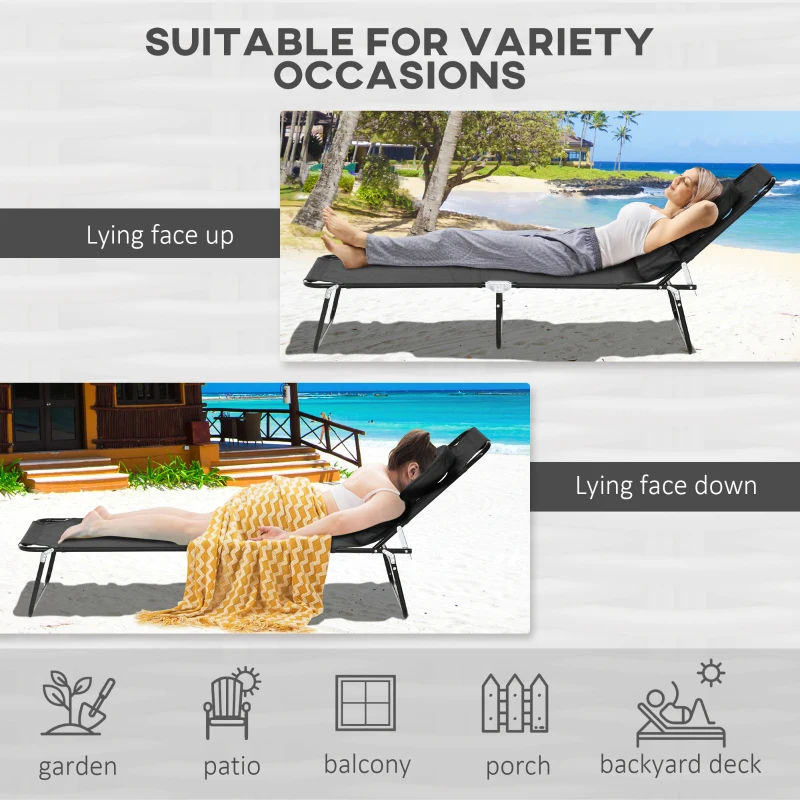 Outsunny Outdoor Folding Sun Lounger Set of 2 with Face Hole, 4 Level Adjustable Backrest Reclining Garden Lounger, Garden Recliner Sunbed with 600 D Oxford Cloth Seat and Pillow for Beach, Black