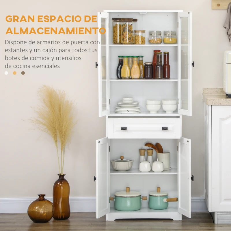 HOMCOM Alacena de Cocina con 2 Puertas de Vidrio 2 Estantes Ajustables y Cajón para Salón Comedor 60x30x160 cm Blanco