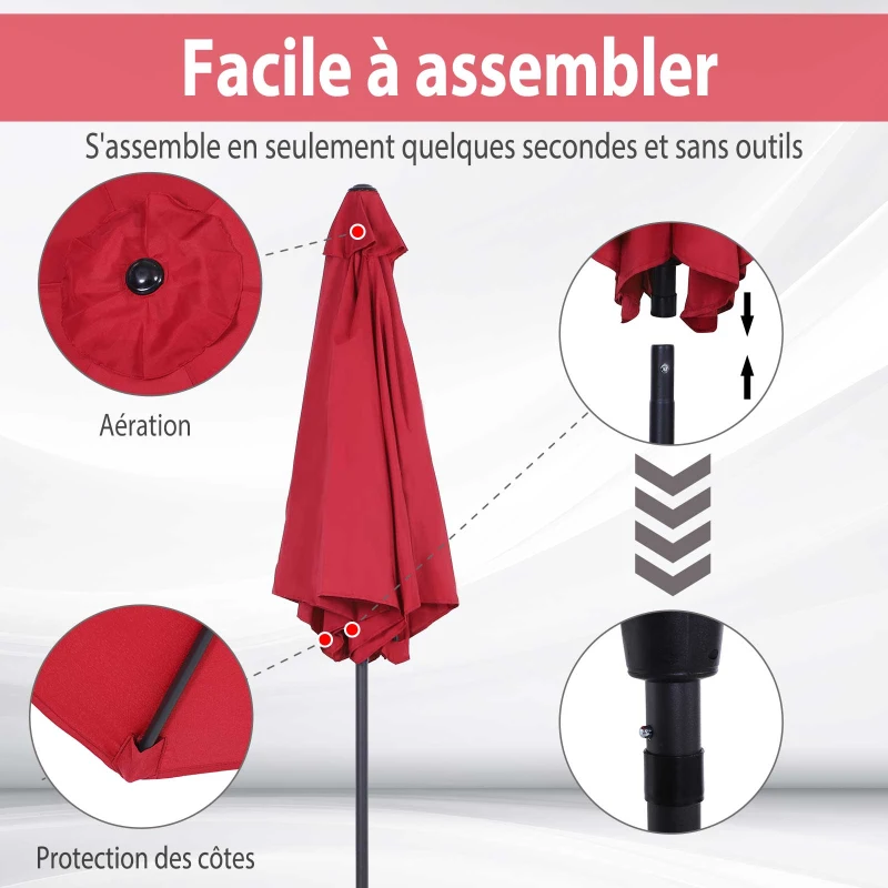 Outsunny Parasol droit parasol inclinable de jardin balcon terrasse manivelle toile polyester imperméabilisée haute densité 180 g/m² Ø2,6 x 2,35H m aluminium rouge vineux