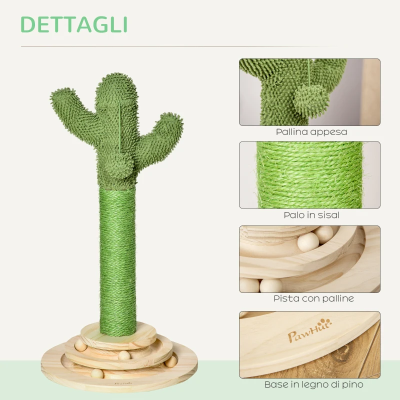 PawHut Albero Tiragraffi a Cactus per Gatti, Corda Sisal e Base con Palline in Legno, 32x32x60cm