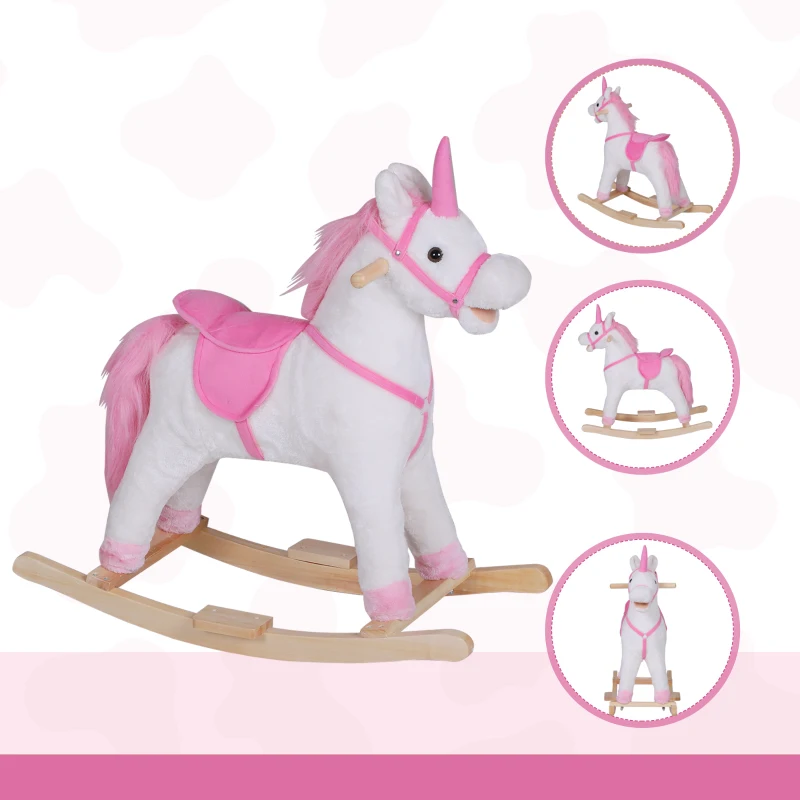 HOMCOM Cavallo a Dondolo in Legno Unicorno Giocattolo Cavalcabile Bambini Peluche 78 × 28 × 68cm Rosa