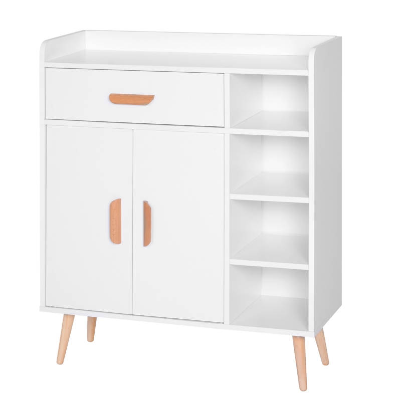 HOMCOM Meuble de rangement design scnadinave dim. 80L x 30l x 96H cm 4 niches placard 2 portes étagère tiroir coulissant bois massif panneaux particules blanc