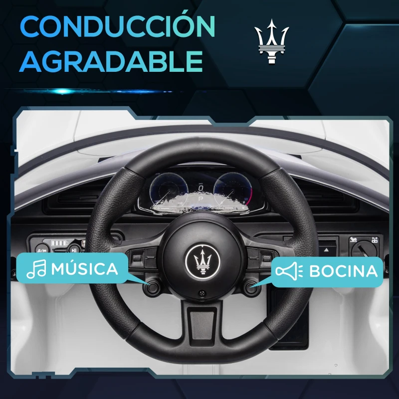 AIYAPLAY Coche Eléctrico para Niños con Licencia Maserati MC20 con Batería 12V Mando a Distancia Faros Bocina Música Blanco