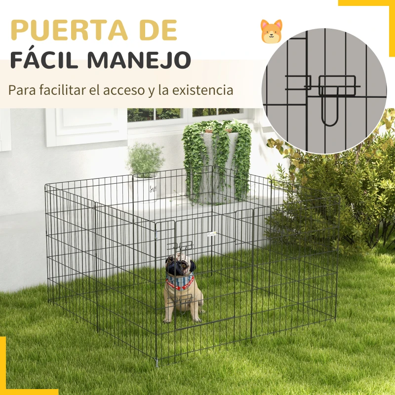 PawHut Corralito para Perros de 8 Paneles 76x61 cm Forma Personalizada con Puerta y Doble Cerradura para Jardín Patio Negro