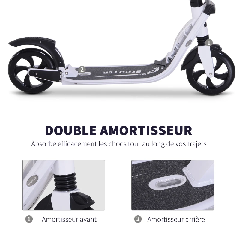 HOMCOM Trottinette pliable pour adultes enfants dolescents à partir 14 ans hauteur guidon réglable double système d'absorption des chocs roues PU alu dim. 94 x 38 x 95-105 cm blanc