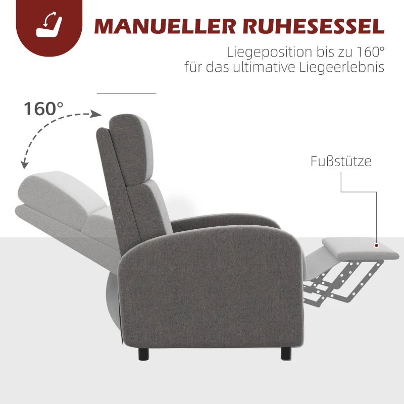HOMCOM Relaxsessel Fernsehsessel, ausklappbare Fußstütze, neigbar bis zu 160°, 64 x 86 x 102 cm, Grau(m-5)