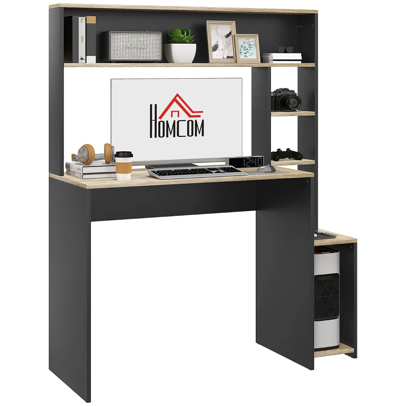 HOMCOM Scrivania Moderna con Ripiani e Supporto per CPU in Legno, 114x45x138cm, Grigio e Legno Naturale