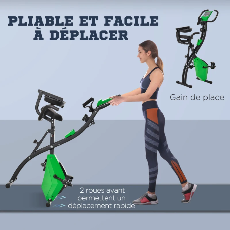 HOMCOM Vélo d'appartement pliable, vélo d'exercice, home traîner pour adultes, 8 niveaux de résistance magnétique, capteurs pouls main, écran LCD multifonction, selle réglable, acier, vert, noir