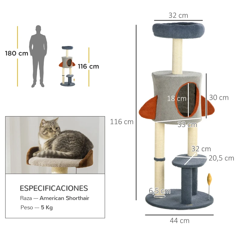 PawHut Árbol Rascador para Gatos 116 cm Tipo de Cohete Torre para Gatos con Postes Cama Cueva Juguete Estrella Ø44x116 cm Azul