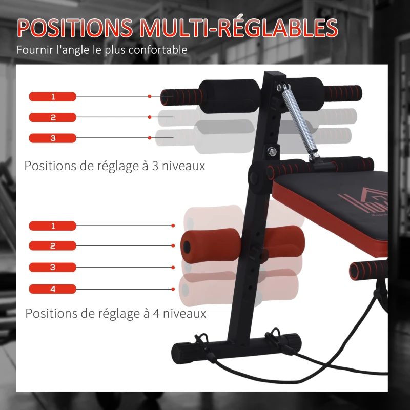 HOMCOM Banc de musculation pliable appareil à abdo hauteur réglable 135L x 48l x 61-68H cm 2 bandes de résistances + ressort central traction acier noir rouge