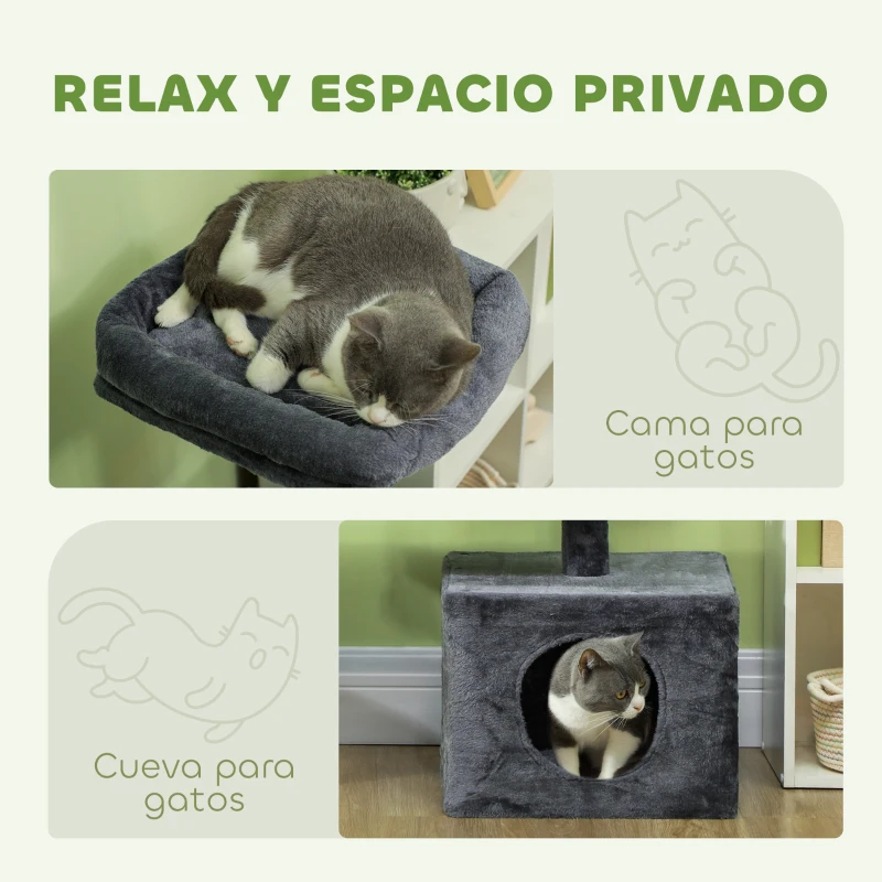 PawHut Rascador para Gatos 134 cm Torre para Gatos con Nidos Plataformas Bolas de Juguete y Postes de Sisal Gris Oscuro