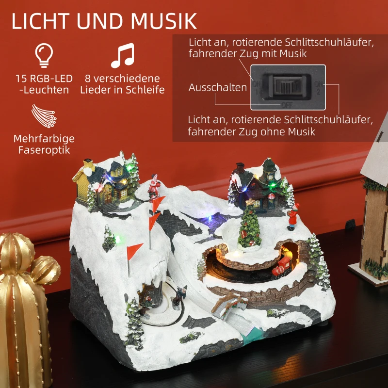HOMCOM Bewegliches Weihnachtsdorf mit LED-Lichtern, Musik, rotierenden Eisläufern und fahrendem Zug, Tischdekoration