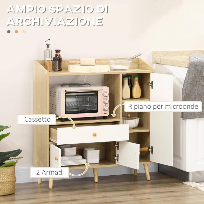 HOMCOM Mobile Cucina per Microonde con 2 Armadietti e Cassetto, 90x30x94cm, in MDF