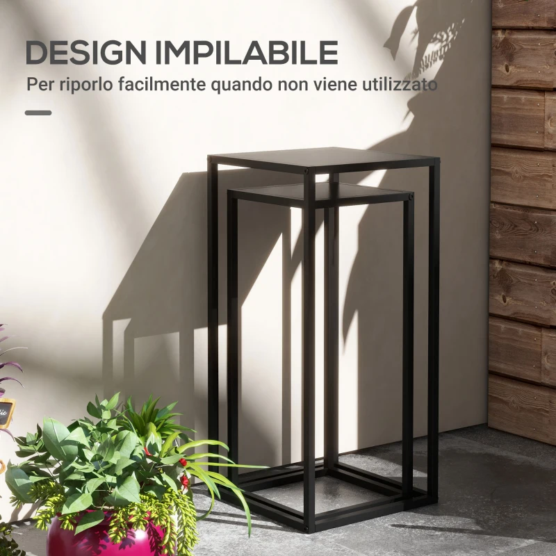 Outsunny Tavolino Portapiante Set 2 Pezzi in Acciaio per Interni ed Esterni, 25x25x58.5 cm e 31x31x65 cm, Nero