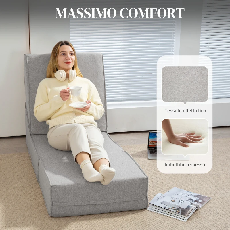 HOMCOM Poltrona Moderna da Pavimento Convertibile in Chaise Longue in Tessuto, Grigio Chiaro