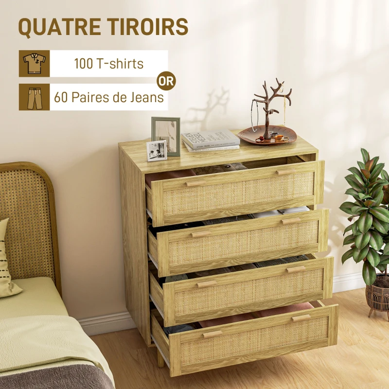HOMCOM Commode 4 tiroirs meuble de rangement façade tissage en rotin style bohème dim. 90l x 45P x 108,5H cm Aspect Bois Clair