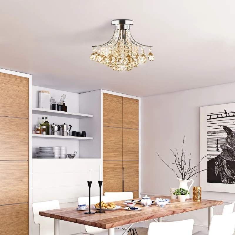 HOMCOM Crystal Chandeliers, K9 Droplets Ceiling Light with 3 E14 Bulb Base, Pendant Lights for Living Room, Bedroom, Dining Room, Hallway, Kitchen