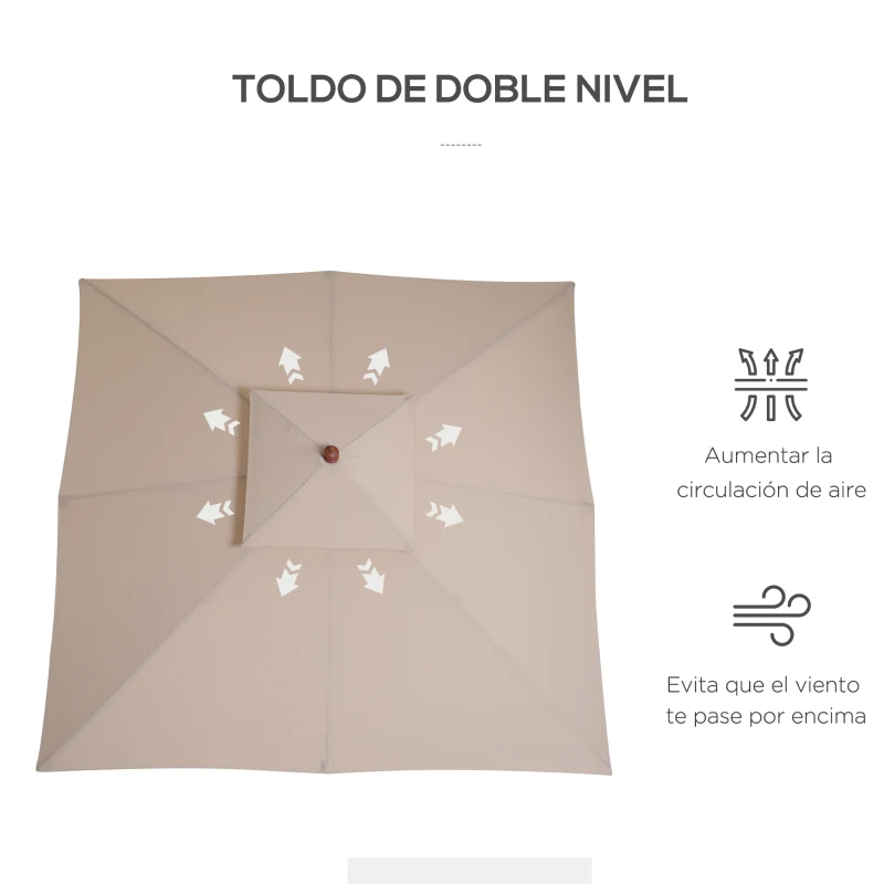 Outsunny Sombrilla de Jardín 3x3x3 m con Doble Techo Sistema de Polea Impermeable para Terraza Balcón Exterior Beige(m-5)